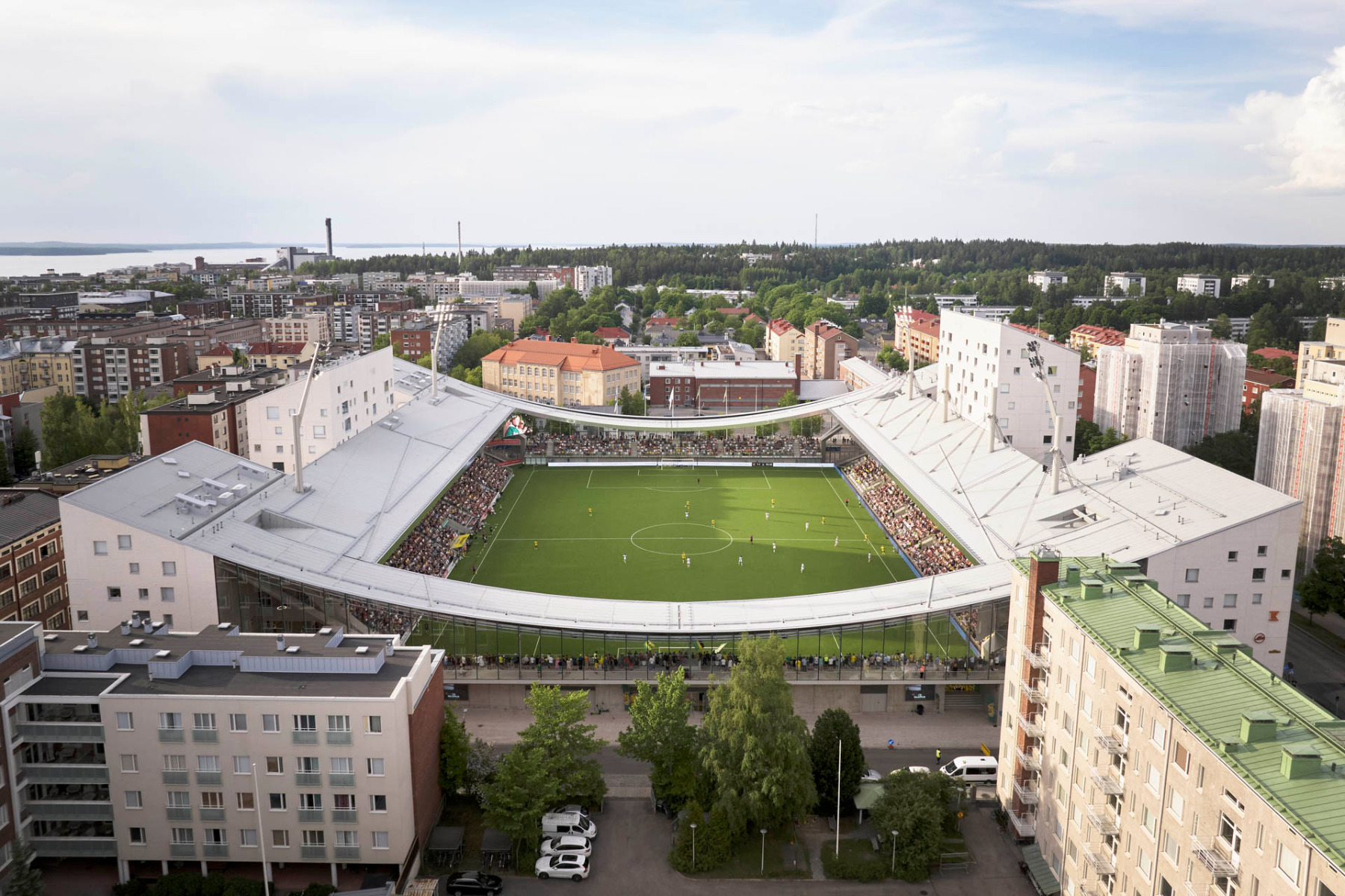 Das Fußballstadion ist in die städtische Blockrandbebauung integriert. © Tuomas Uusheimo