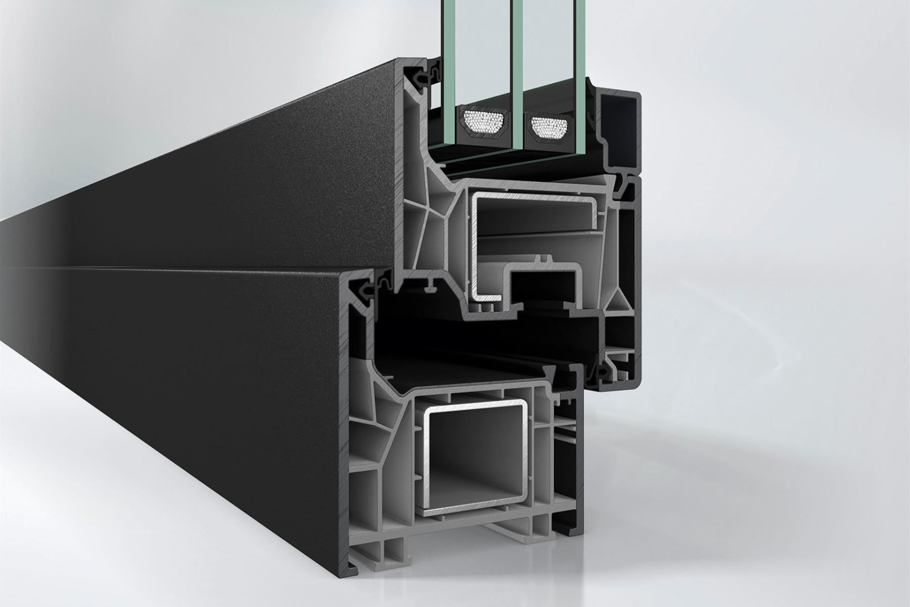 Für eine harmonische Optik in Kombination mit dunklen Oberflächen ist Schüco FocusIng auch mit grauen Profilen erhältlich. © Schüco International