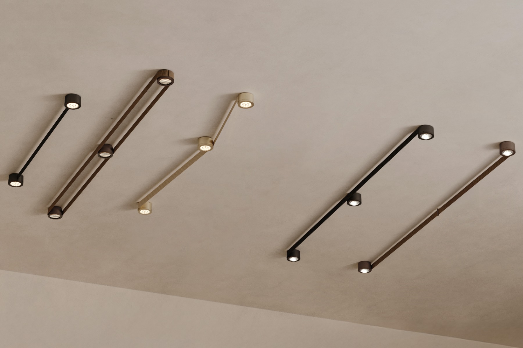 Mit nur einer einzigen Stromquelle können unbegrenzt Licht-Module an Decke und Wänden frei platziert werden. Das Gewebeband leitet vom Startmodul aus den Strom zum gesamten System. © Lodes
