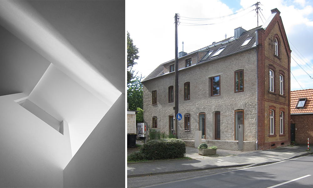 Kollage von einer Außenaufnahme eines Hauses und eines Fensters
