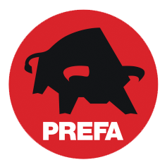 Prefa Logo mit einem schwarzen Stier und weißer Schrift